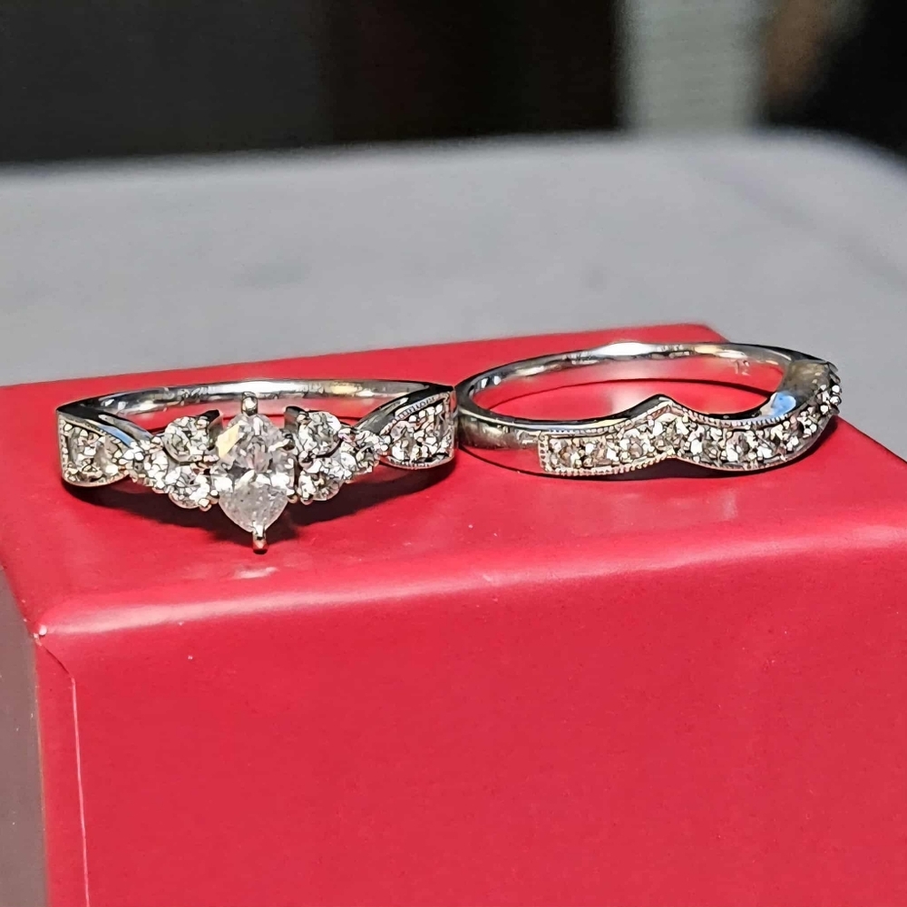 Wedding Set Natural Diamond Rings, 14K White Gold - Picture 3 of 7